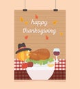 Happy thanksgiving poster hanging turkey apple wine pumpkin table