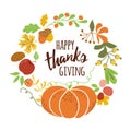 Happy Thanksgiving Pumpkin wreath Text for Thanksgiving day autumn leaves Fall banner vector Royalty Free Stock Photo
