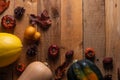 Happy Thanksgiving. Pumpkins, cones and dry leaves on a wooden background. View from above. Flat layer Royalty Free Stock Photo