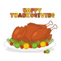 Happy Thanksgiving. Roasted turkey. fowl on plate. Baked wildfowl with apples and cranberries. Traditional festive food. Symbol H