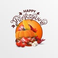 Happy Thanksgiving, round orange greeting banner with autumn harvest