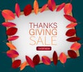 Happy Thanksgiving sale poster.  Background with red and orange fall leaves on whiteboard in wooden frame. American traditional no Royalty Free Stock Photo