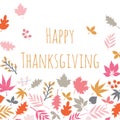 Happy Thanksgiving Scandi style card with autumn abstract doodle leaves background. Thanksgiving template design Royalty Free Stock Photo