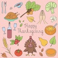 Happy Thanksgiving. Set of illustrations. Pink background. Collection of colored holiday elements