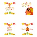 Happy Thanksgiving Set. Greeting card with funny cartoon turkey and autumnal background.