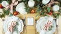 Thanksgiving setting modern elegant red and white table overhead flat lay. Royalty Free Stock Photo