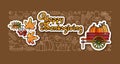 Happy Thanksgiving stickers. Cartoon wheelbarrow, pumpkin. Vector illustration. Horizontal banner.