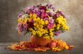 happy thanksgiving still life. autumn flowers roses, chrysanthemums, asters in a pumpkin vase Royalty Free Stock Photo