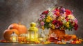 happy thanksgiving still life. autumn flowers roses, chrysanthemums, asters in a pumpkin vase with candle and lantern Royalty Free Stock Photo