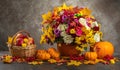 Happy Thanksgiving still life. stylish bouquet of autumn flowers in a decorative vase. Pumpkin and apple on basket Royalty Free Stock Photo