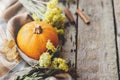 Happy Thanksgiving. Stylish pumpkin, autumn leaves, flowers and cozy blanket on rustic old wooden background. Rural fall layout