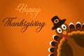 Happy Thanksgiving text Cartoon Turkey Pilgrim with hat on orange background Thanksgiving poster.