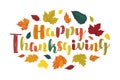 Happy Thanksgiving text, editable horizontal greeting card with lettering and autumn fallen leaves of vibrant colors Royalty Free Stock Photo