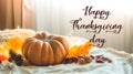 Happy thanksgiving text. In home decorated Pumpkin, cones, walnuts and autumn leaves garland. autumn fall holidays. Cozy mood Royalty Free Stock Photo