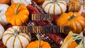 Happy Thanksgiving Text With Pumpkins and Corn Royalty Free Stock Photo