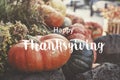 Happy Thanksgiving text over dry yellowed leaves and little pump Royalty Free Stock Photo