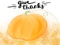 Happy Thanksgiving text and pumpkin with autumn leaves illustration. Handwritten Give Thanks sign with simple pumpkin. Seasonal