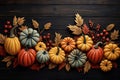 Happy Thanksgiving text with pumpkins and leaves over dark wood background Royalty Free Stock Photo