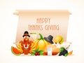 Happy Thanksgiving text on scroll paper with turkey bird, pilgrim hat and food element like as burger, pumpkin, chicken, holly Royalty Free Stock Photo