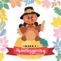 Happy Thanksgiving. Turkey sitting on a pumpkin with hand drawn lettering style. Royalty Free Stock Photo