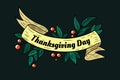 Happy Thanksgiving vintage ribbon banner. Holiday engraved sign. Calligraphy text drawing retro label. Swirl tape. Thank