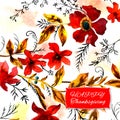 Happy thanksgiving watercolor greeting card with red flowers and golden autumn l