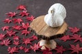 Happy Thanksgiving, white ceramic turkey on a wooden cake stand, red maple leaves