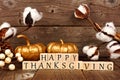 Happy Thanksgiving wooden blocks with gold pumpkins and decor