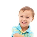 Happy, thinking and portrait of child in studio, white background with idea in mockup space. Kid, face and smile with Royalty Free Stock Photo