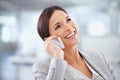 Happy, thinking and professional phone call with woman in office for communication of investment. Investor, smile and Royalty Free Stock Photo