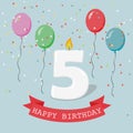 Happy third Birthday anniversary greeting card with number Five