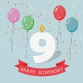 Happy third Birthday anniversary greeting card with number Nine