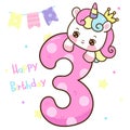 Happy third birthday with cute princess unicorn on star greeting card vector Royalty Free Stock Photo