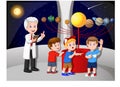 Happy Three Boys Looking the Solar System Dummy with A Scientist Cartoon