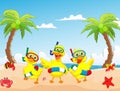 Happy three cartoon duck on the beach summer