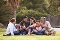 Happy three generation Hispanic family sitting on the grass together in the park, selective focus Royalty Free Stock Photo