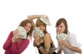 Happy three young girl with dollars in hand Royalty Free Stock Photo