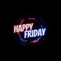 Happy Friday Greeting Text Design. Colorful Glowing Neon Rings & Black Background. Colorful Weekdays Design for Social Media Post.