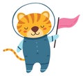 Happy tiger astronaut with flag. Space explorer character Royalty Free Stock Photo