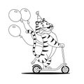 Happy tiger rides kick scooter coloring page. Royalty Free Stock Photo