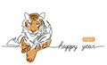 Happy Tiger Year. One Continuous Line Art Drawing Of The Tiger. Vector Color Illustration, Greeting Banner, Poster