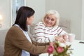 Merry elder woman and caregiver talking