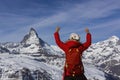 Happy time with sucessful of young woman mood in Matterhorn and Zermatt view at Switzerland