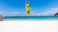 Happy time with Summer travel concept which he is a happiness man jumping on beach background Royalty Free Stock Photo