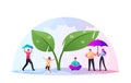 Happy Tiny Characters with Umbrellas Hide from Rain under Huge Green Plant, Cold Water Pour From Sky, Wet Rainy Weather