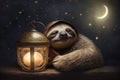 happy and tired sloth peacefully sleeps evening next to a lantern