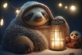 happy and tired sloth peacefully sleeps evening next to a lantern