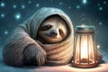 happy and tired sloth peacefully sleeps evening next to a lantern