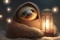 happy and tired sloth peacefully sleeps evening next to a lantern