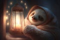 happy and tired sloth peacefully sleeps evening next to a lantern